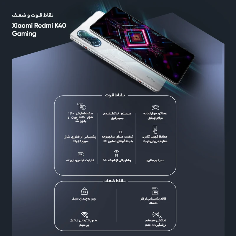 گوشی موبایل شیائومی مدل Redmi K40 Gaming دو سیم کارت ظرفیت 256 گیگابایت و رم 12 گیگابایت