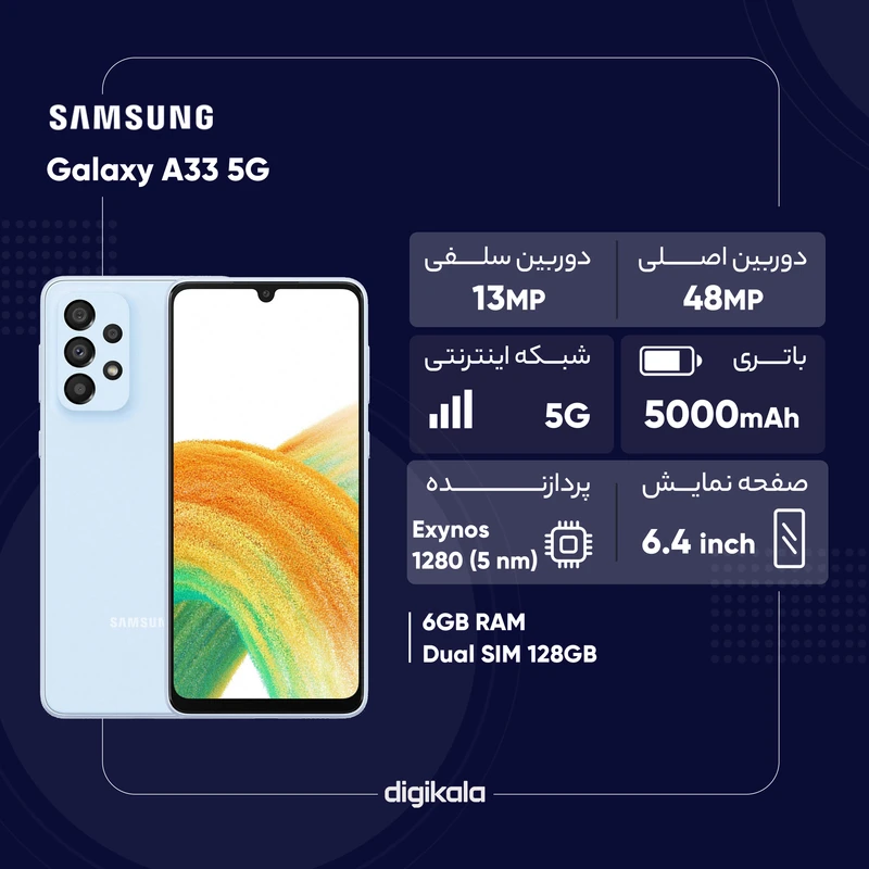 گوشی موبایل سامسونگ مدل Galaxy A33 5G دو سیم کارت ظرفیت 128 گیگابایت و رم 6 گیگابایت