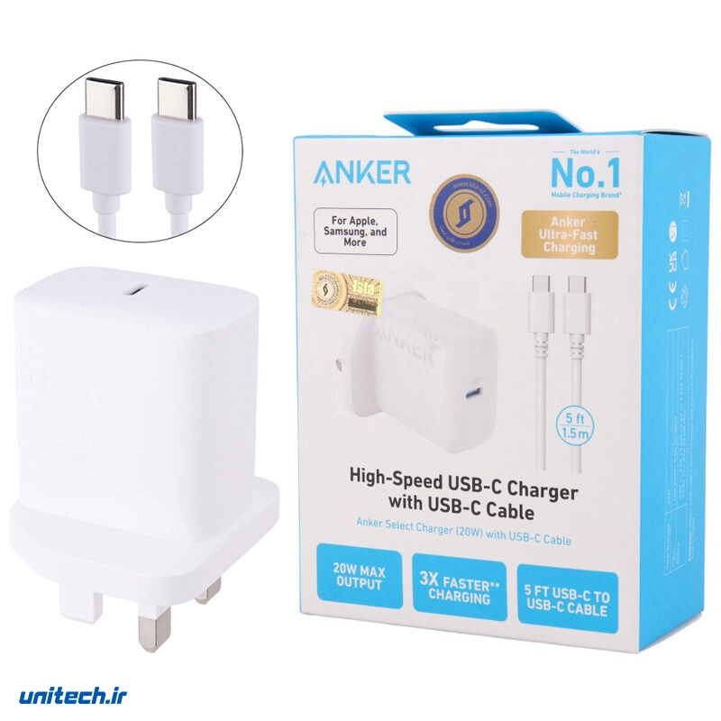 شارژر دیواری 20 وات انکر مدل A2347 3A + کابل تبدیل تایپ سی
