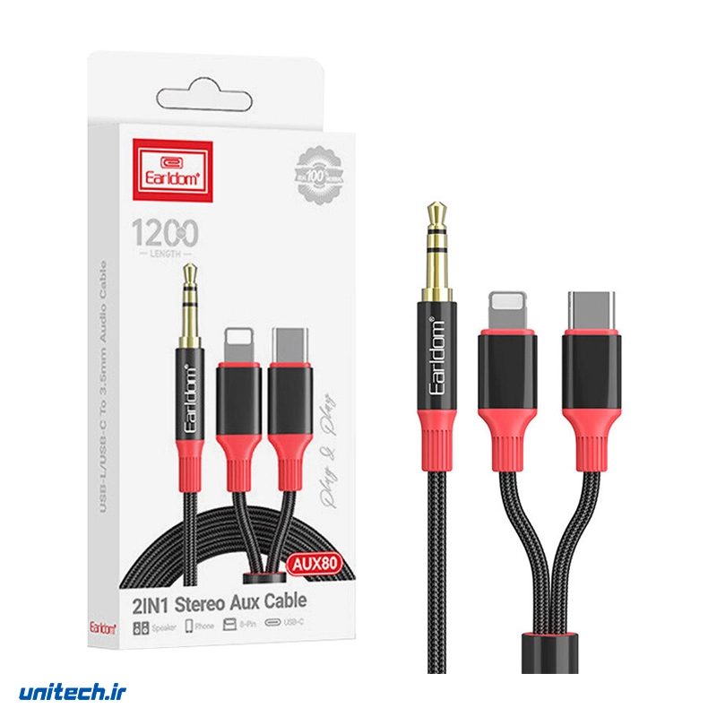 کابل تبدیل AUX به Type-C/Lightning ارلدام مدل ET-AUX80 طول 1.2 متر